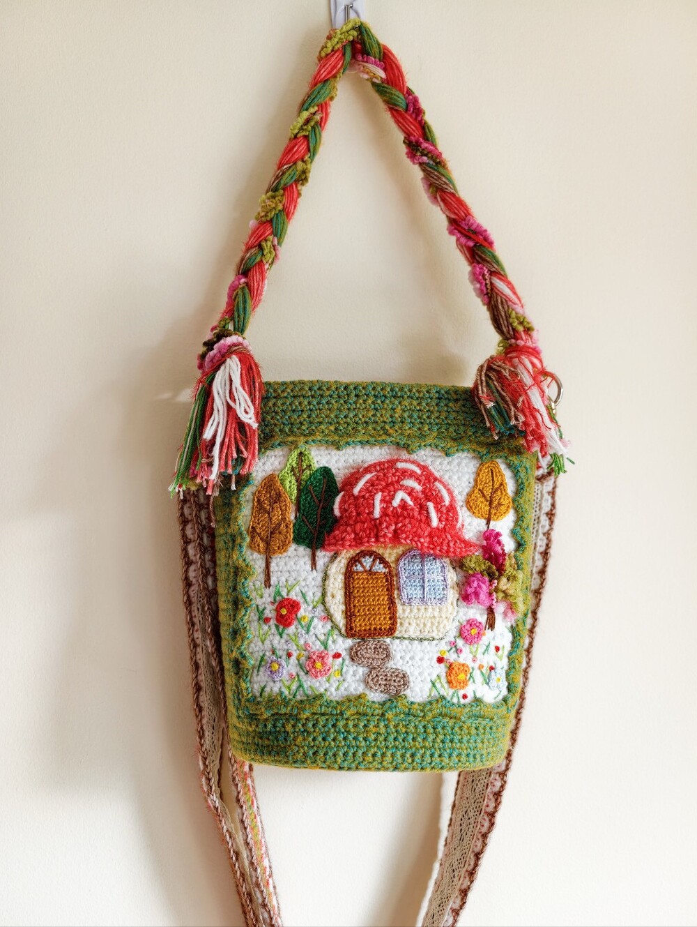 Handmade Crochet Mushroom House Boho Crossbody Bag, Cottagecore Shoulder Bag